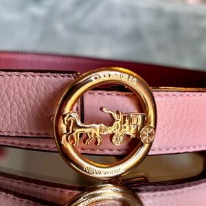 Coach Pink Leather Belt with Gold Horse & Carriage Round Buckle